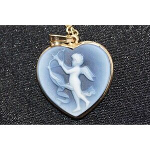 RARE |  VINTAGE | Blue Cameo Cupid Pendant | Onyx Etching | 14K Yellow Gold